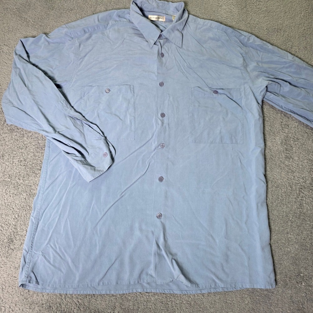 Burma Bibas Mens L Button Down Shirt Blue 100% Silk Long Sleeve Chest Pockets